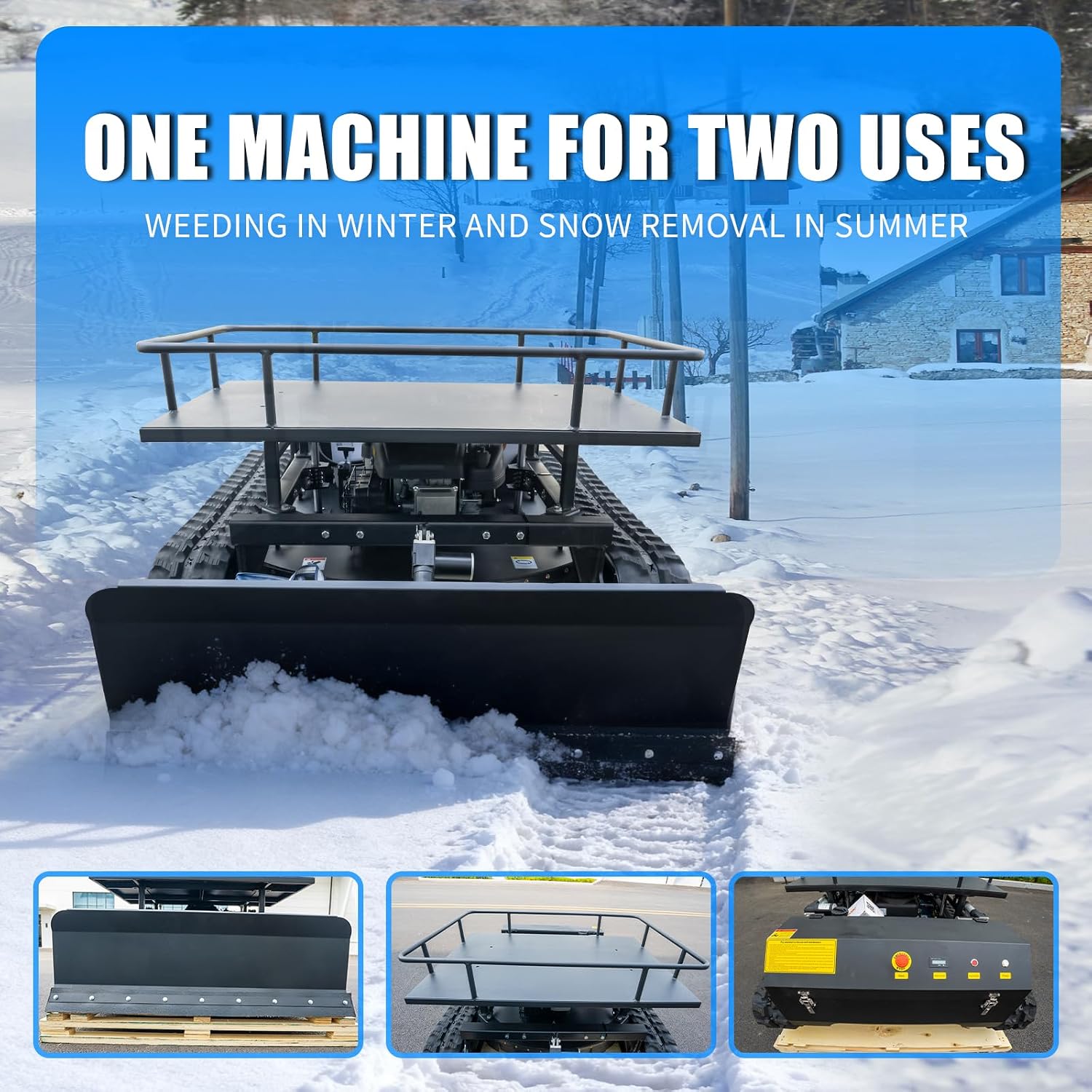 Remote-Controlled Tracked Lawnmower with a Powerful 22hp Brand Engine, Snowplow, and Lifting Rack; All-in-One Lawnmower, Snow Removal, and Transport Machine.
