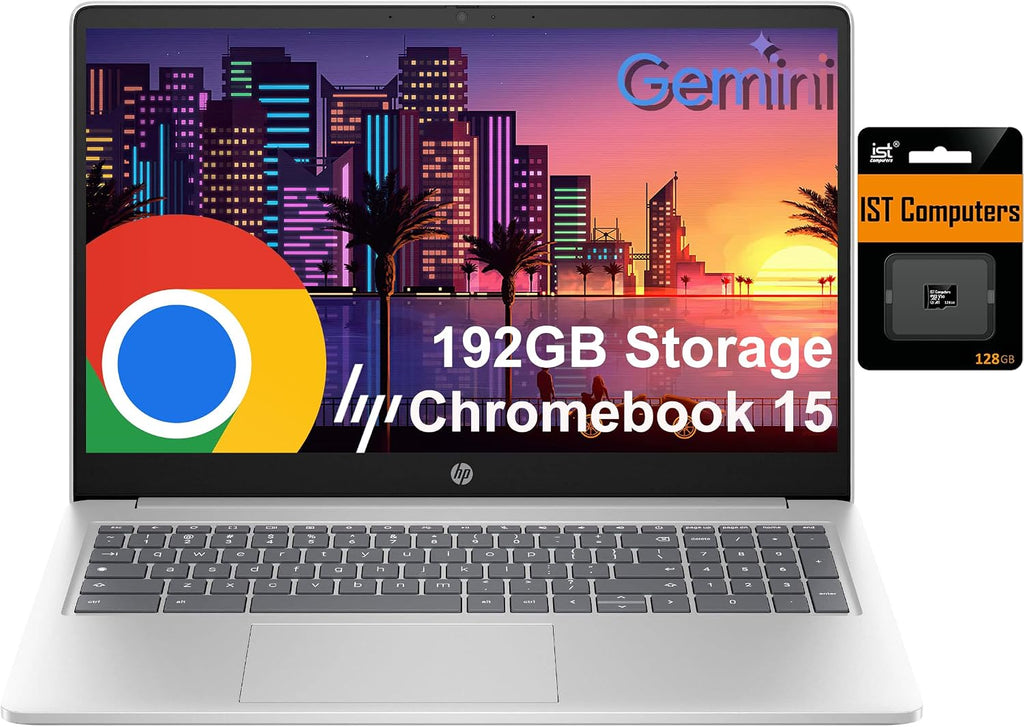 HP Chromebook 15 Laptop ( 15.6' Anti-Glare, Intel N200, 8GB DDR5 RAM, 192GB Storage (64GB eMMC + 128GB SD), 4-Core(> i3-1115G4), Numeric KB) Home & Student, Wi-Fi, Webcam w/Shutter, Chrome OS, Silver