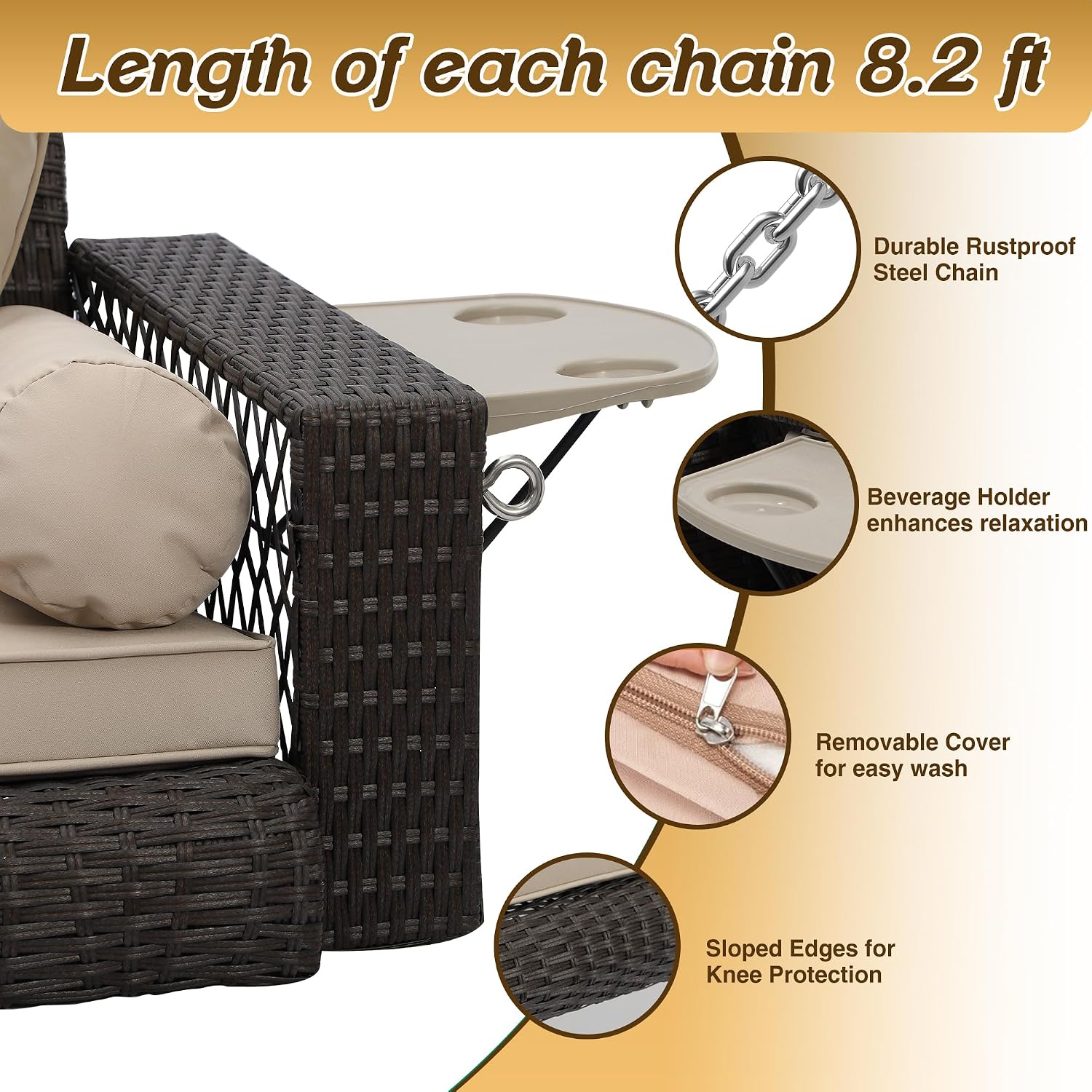 Wicker Porch Swing, 3-Seats Person Rattan Hanging Swing Chair, Patio Grey Outdoor Rattan Swing Bench with Cushion for Patio Backyard Poolside Garden, Khaki