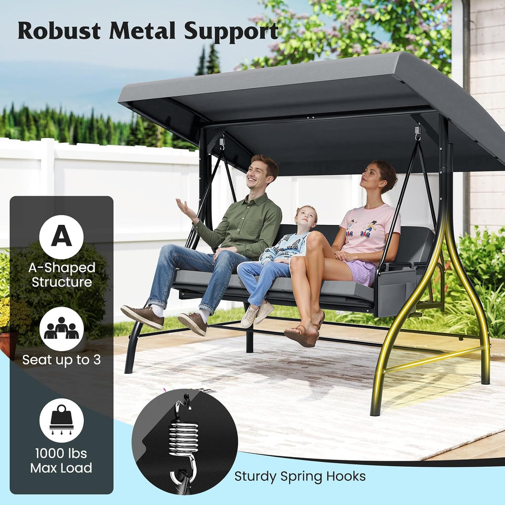 Tangkula 3 Person Porch Swing, 2-in-1 Convertible Outdoor Swing with Adjustable Canopy, Removable Cushions, Metal Frame, Side Pockets for Backyard, Garden, Porch (Gray)