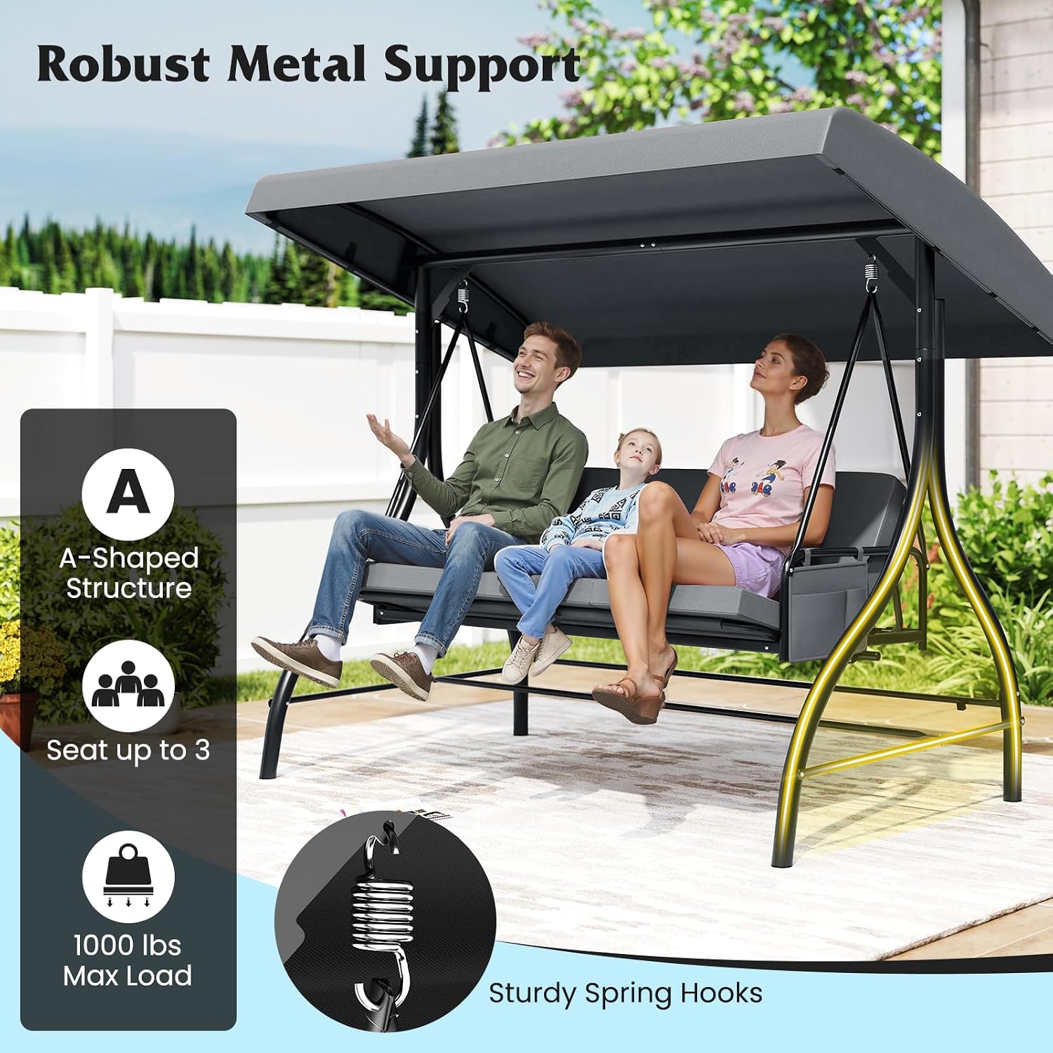 Tangkula 3 Person Porch Swing, 2-in-1 Convertible Outdoor Swing with Adjustable Canopy, Removable Cushions, Metal Frame, Side Pockets for Backyard, Garden, Porch (Gray)