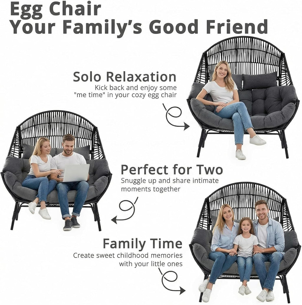 IRONCK Egg Chair Indoor Outdoor, 2 Person Double Egg Loveseat Chair, Oversized Thickened Padded Headrests and Cushions, 680 lbs Wicker Lounge for Balcony, Patio, Garden, Black and Gray