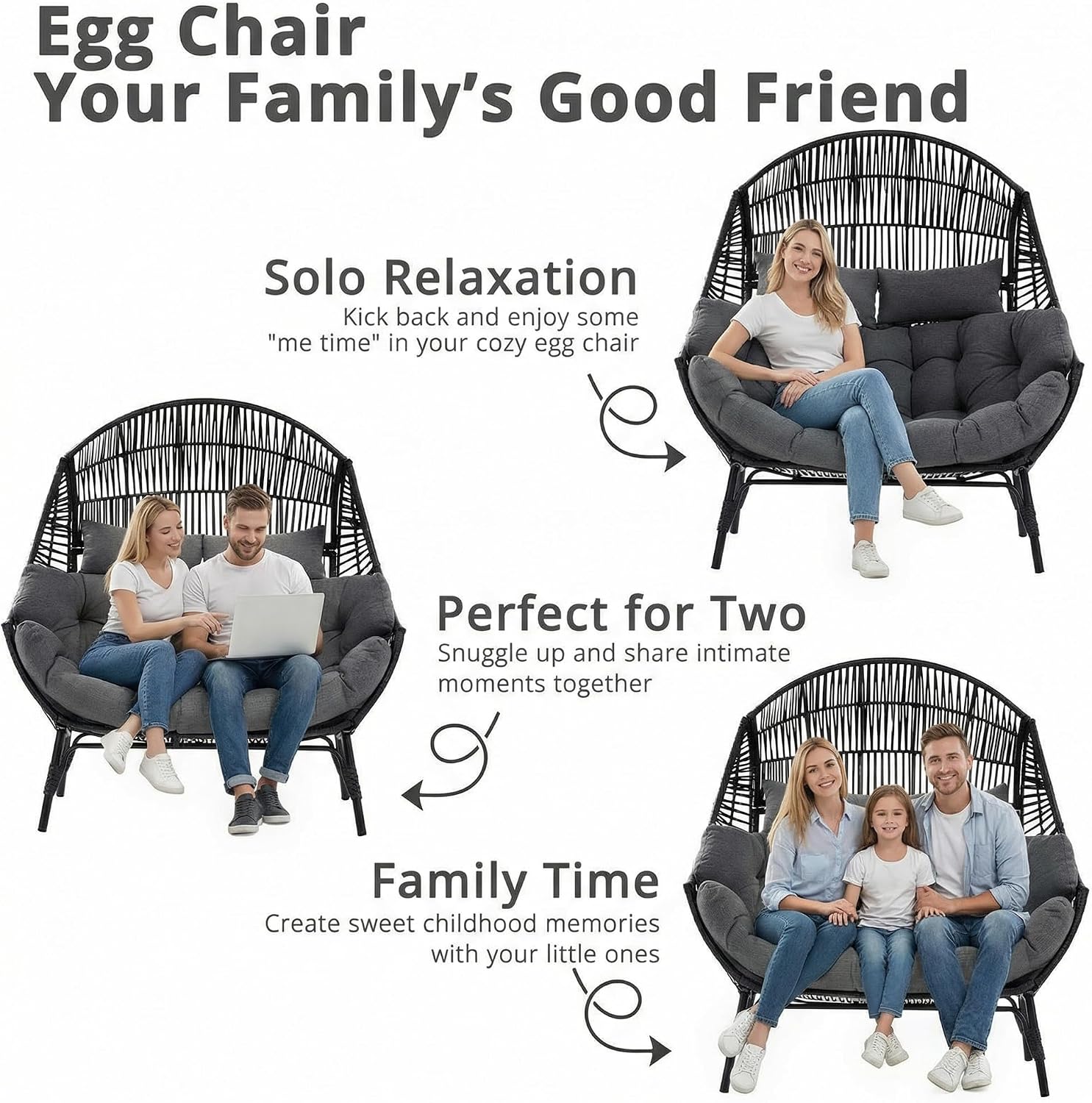 IRONCK Egg Chair Indoor Outdoor, 2 Person Double Egg Loveseat Chair, Oversized Thickened Padded Headrests and Cushions, 680 lbs Wicker Lounge for Balcony, Patio, Garden, Black and Gray