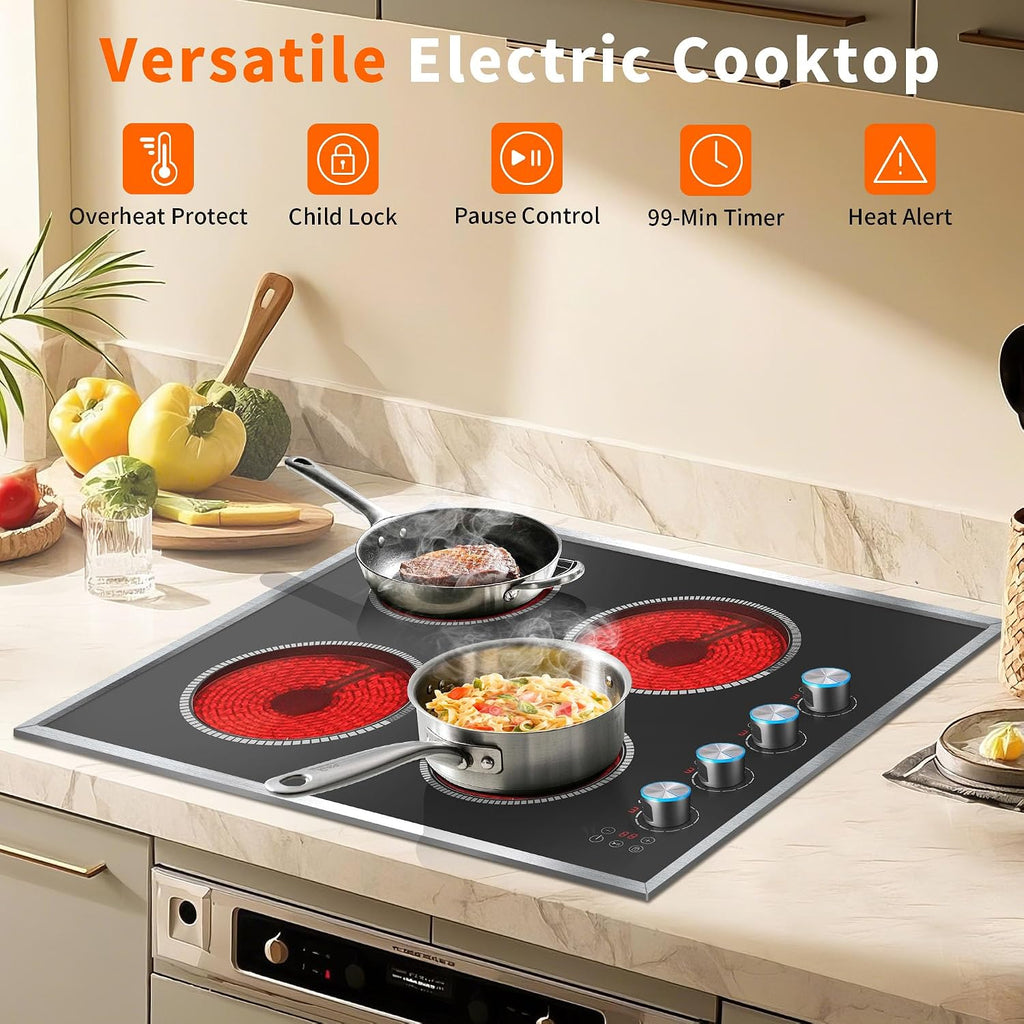 4 Burner Electric Cooktop, 24 Inch Electric Stove 6000W, 220V-240V Built-in Ceramic Stovetop with Knob Control, Child Lock, Timer Control, Residual Heat Indicator, Hard Wire(No Plug)