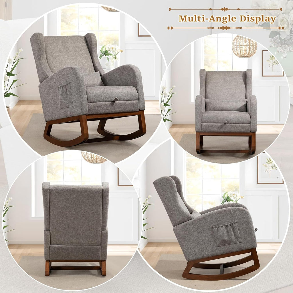 Modern Rocking Chair Nursery Glider, Comfy Rocker Nursery Chair with Foot Rest, Accent Reading Armchair with Pillow and Pocket, Upholstered Lounge Rocker with Solid Wood Base for Relaxing (Taupe)