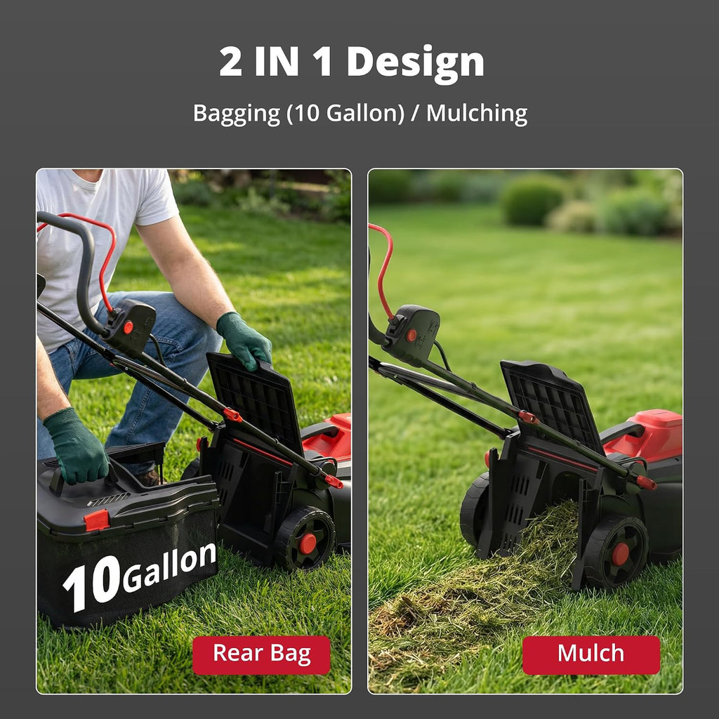 AMERISUN 14-Inch 2IN1 Electric Lawn Mower, 12.5 Amp 3400RPM Corded Push Mower with 6-Position Height Adjustment, 10-Gallon Grass Catcher & Mulching Kit, Lightweight Lawn Mower for Small/Medium Yards