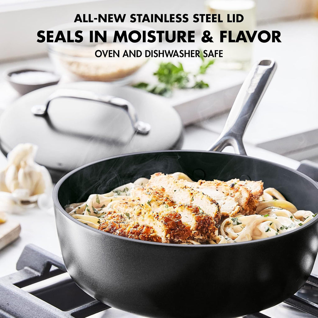 GreenPan GP5 Hard Anodized Healthy Ceramic Nonstick 14 Piece Cookware Pots & Pans Set,Heavy Gauge Scratch Resistant, Stay Flat Surface,Induction, Mirror Finish Handle,Oven Safe, PFAS-Free, Black
