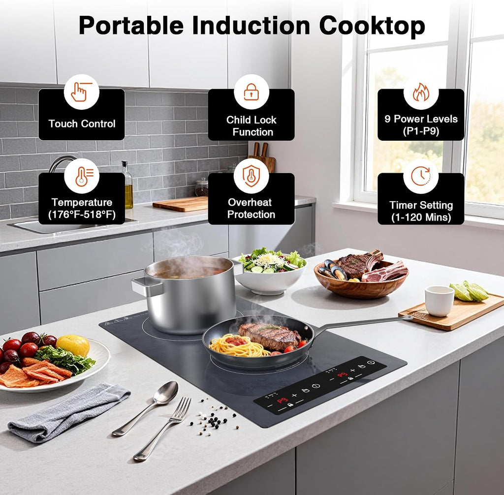 Double Induction Cooktop Portable Electric Cooktop 12 Inch, 110V Induction Burner Hot Plate with Safety Lock, Auto Shutoff Timer Setting, 9 Heating Level and Overheating Protection