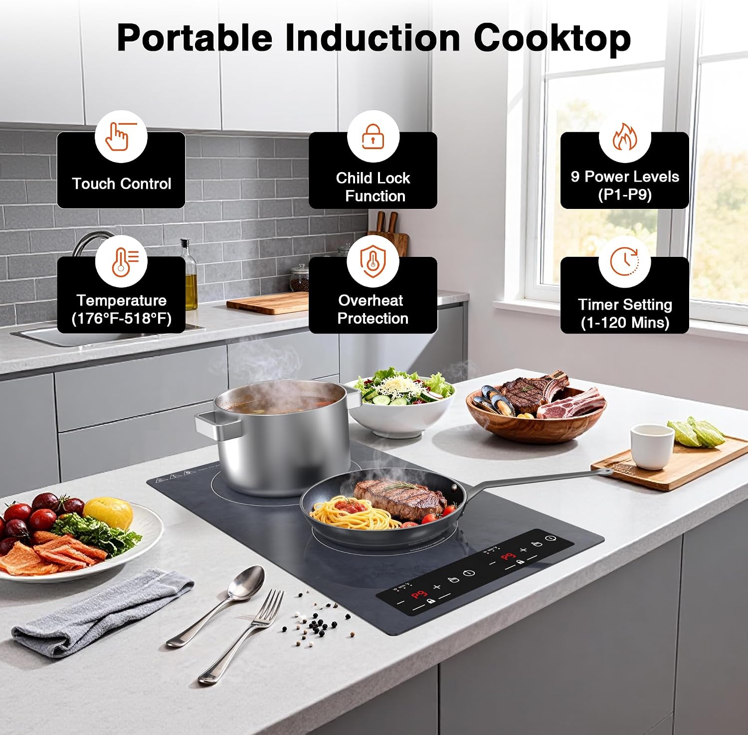 Double Induction Cooktop Portable Electric Cooktop 12 Inch, 110V Induction Burner Hot Plate with Safety Lock, Auto Shutoff Timer Setting, 9 Heating Level and Overheating Protection