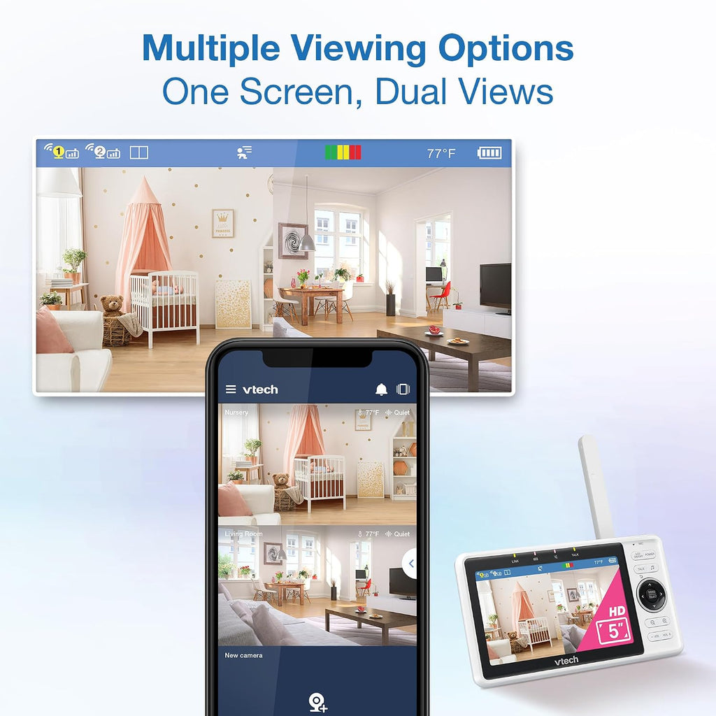 VTech 2-Cameras Smart WiFi Baby Monitor with 1080p FHD Camera and 5' HD IPS Screen, Free App with Motion Video, Sound/Motion Detection and Notifications, Split-Screen, Pan-Tilt-Zoom: VM901-2HD