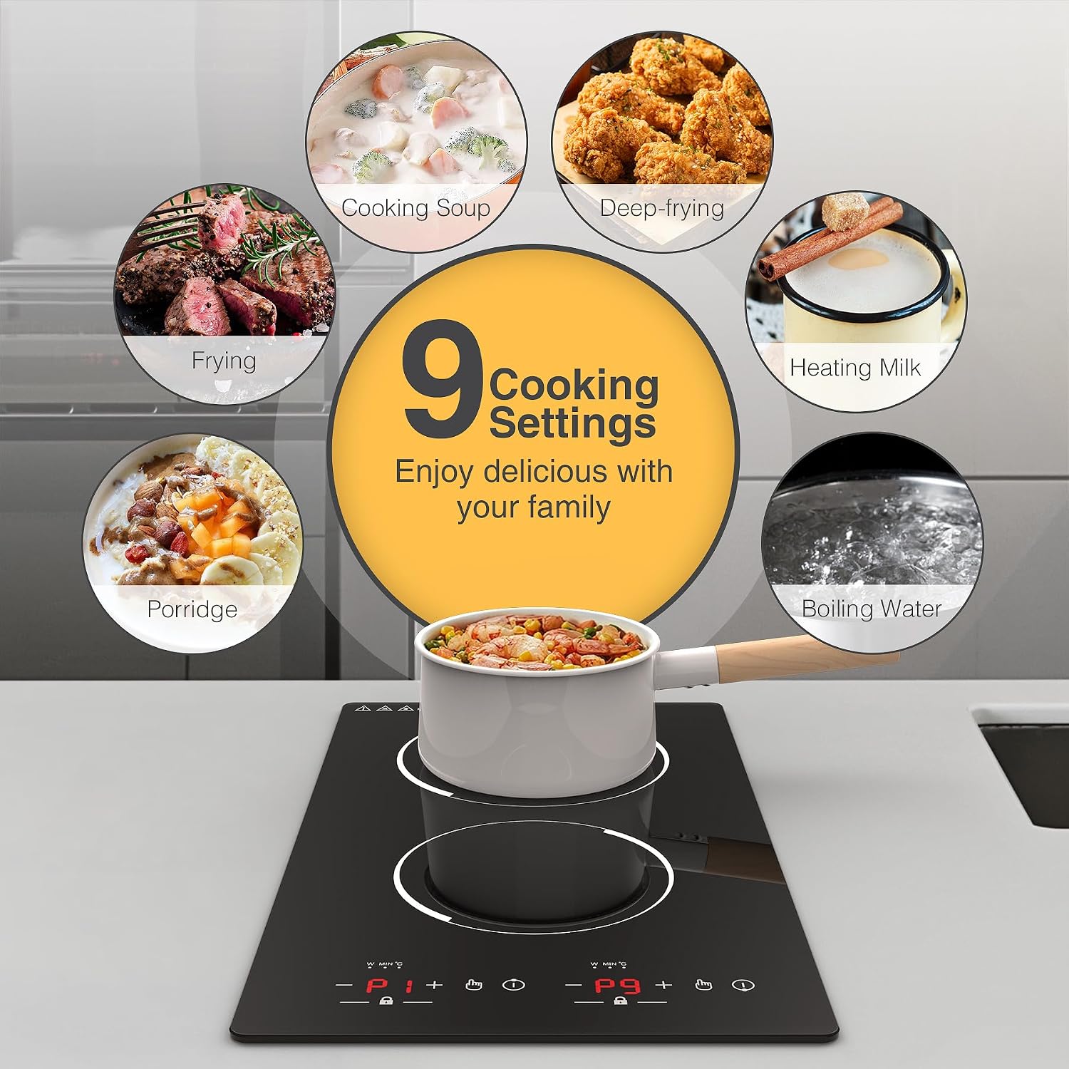 GIHETKUT Double Induction Cooktop,110V 2 Burner Induction Cooktop,2300W Electric Stove Top with Independent Control, Ultrathin Body, 9 Temperature, Multiple Power Levels, 2 Hour Timer, Safety Lock
