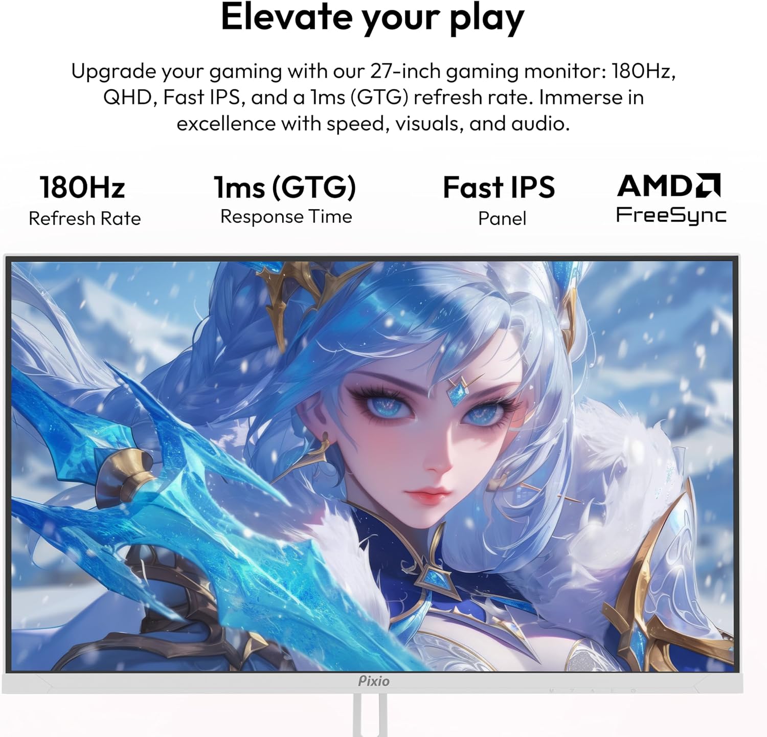 Pixio PX278 Wave White 27 inch 180Hz Refresh Rate Quad HD 1440p Resolution Fast IPS Panel 1ms GTG Response Time Built-in Speakers Gaming Monitor with AMD FreeSync