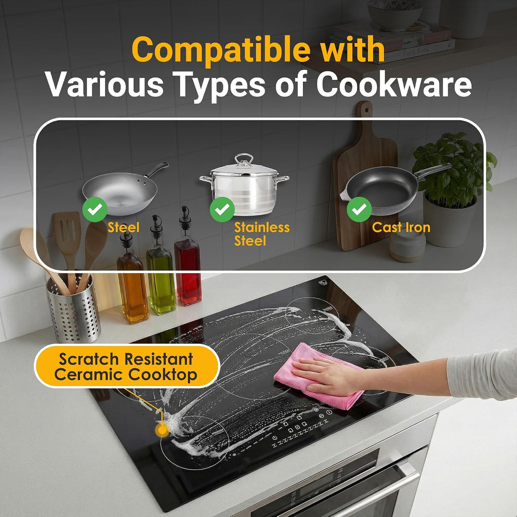 K&H 5 Burner Induction Cooktop - 36 Inch Built-In Electric Cermic Stove Top - 17 Heating Levels, 240V, 9200W High-Power Built-in Electric Stove Top - Child Lock, Timer & Touch Control - IN36-9205