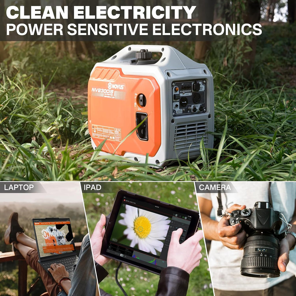 NOVUS 2300 Watts Portable Inverter Generator, Super Quiet Gas Generator, Stable Small Generators for Camping, Home and RV with Easy Start, Overload Protection, Clean Output, Co Sensor, Parallel Ready