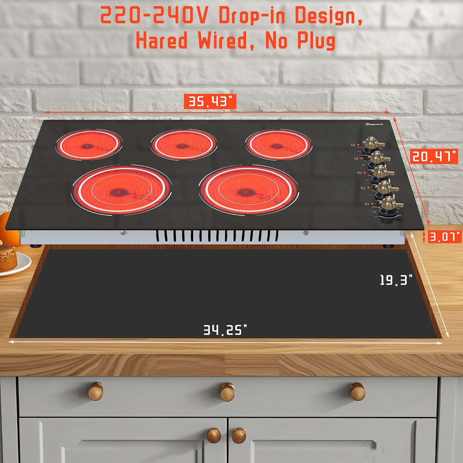 Electric Cooktop 36 Inch - 5 Burner Electric Stove Top with 8400W, 36 Inches Built-in(34.25'x19.3') Ceramic Stove with Dual Rings, Overheat Indicator, Knob Control, 220V - 240V Hard Wired