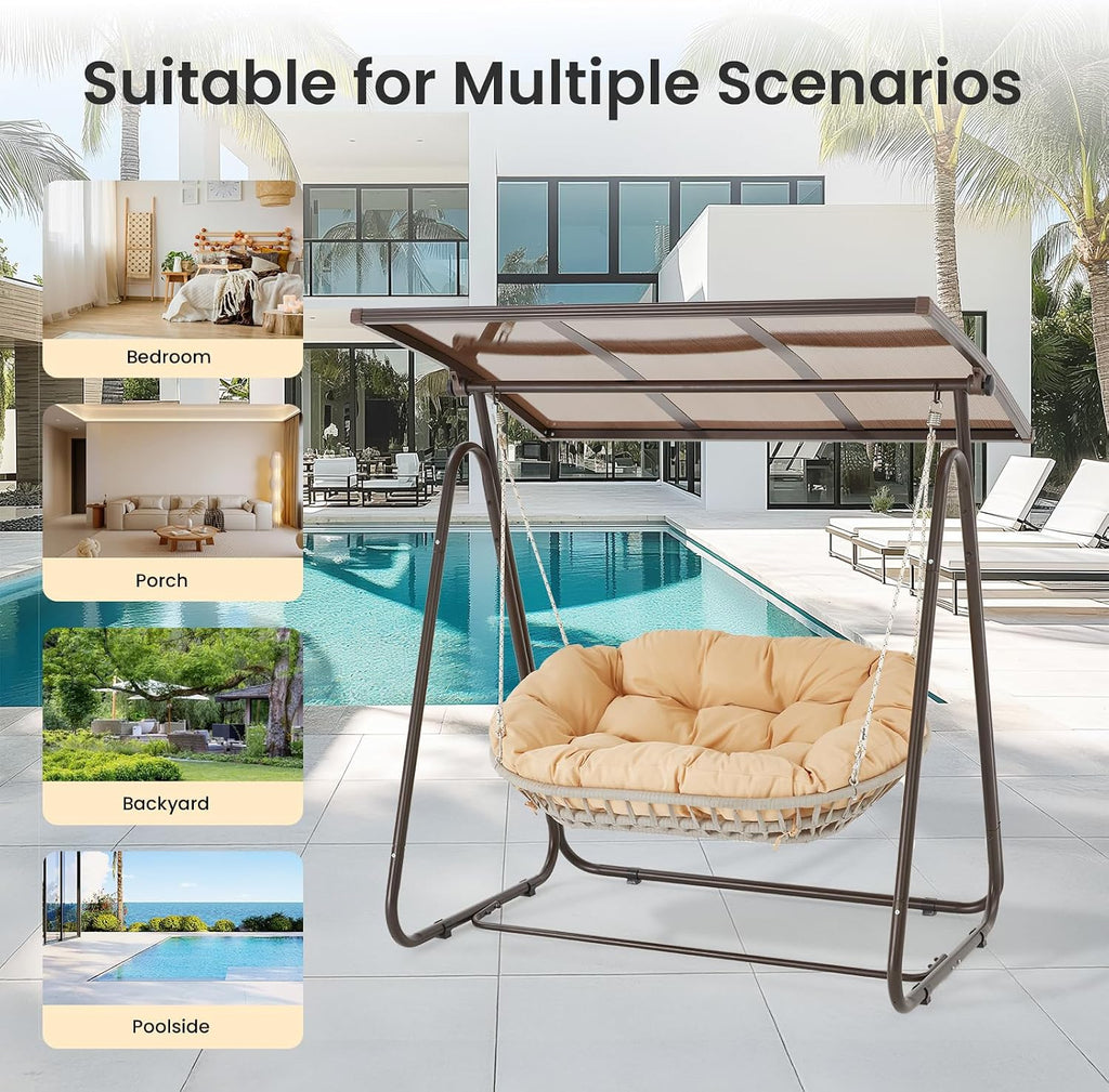2-Seat Outdoor Patio Porch Swing with Polycarbonate (PC) Canopy, All-Weather Outdoor Swing Chair with 4.7' Thick Cushion and Hand-Woven Rope, Heavy Duty Steel Frame for Patio, Garden, Khaki