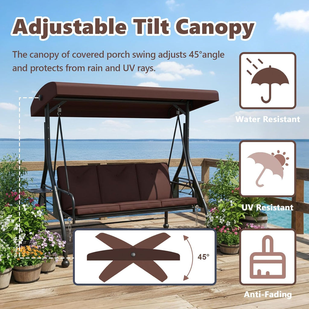 3-Seat Outdoor Porch Swing Glider with Adjustable Canopy, Convertible Patio Swings Bed with Upgraded Folding Cup Holders & Thicker Cushion for Backyard, Garden, Poolside - Brown