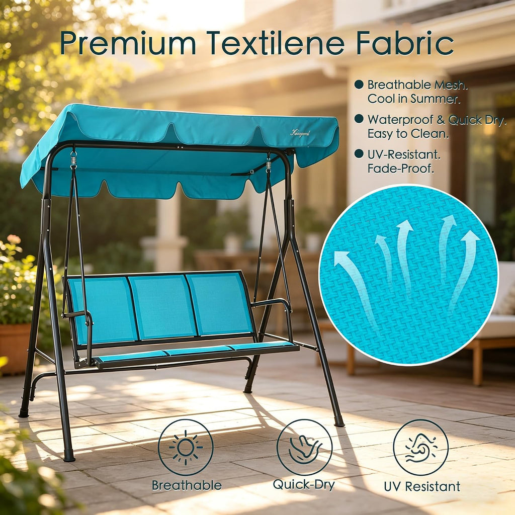 Kozyard 3-Person Outdoor Canopy Porch Swing Chair, Breathable Textilene Armrest Seat, Adjustable Shade, Heavy-Duty Powder-Coated Steel Frame Swing for Patio, Backyard, Poolside & Balcony, Blue