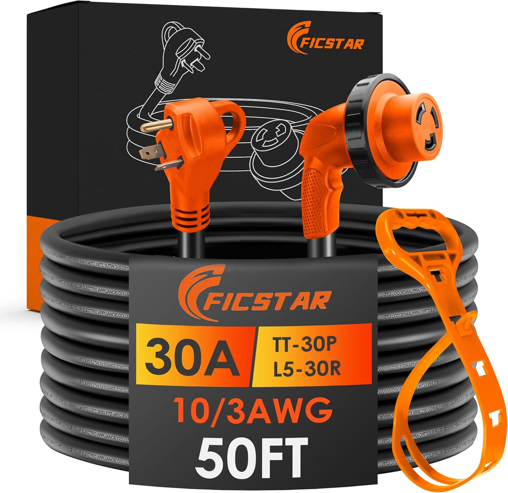30 Amp RV Extension Cord,50 ft,Heavy Duty Generator Extension Cord with LED Power Indicator,30 AMP Female 90° Twist Lock Adapter with Reverse Polarity Lamp,NEMA TT-30P to L5-30R,120V/125V