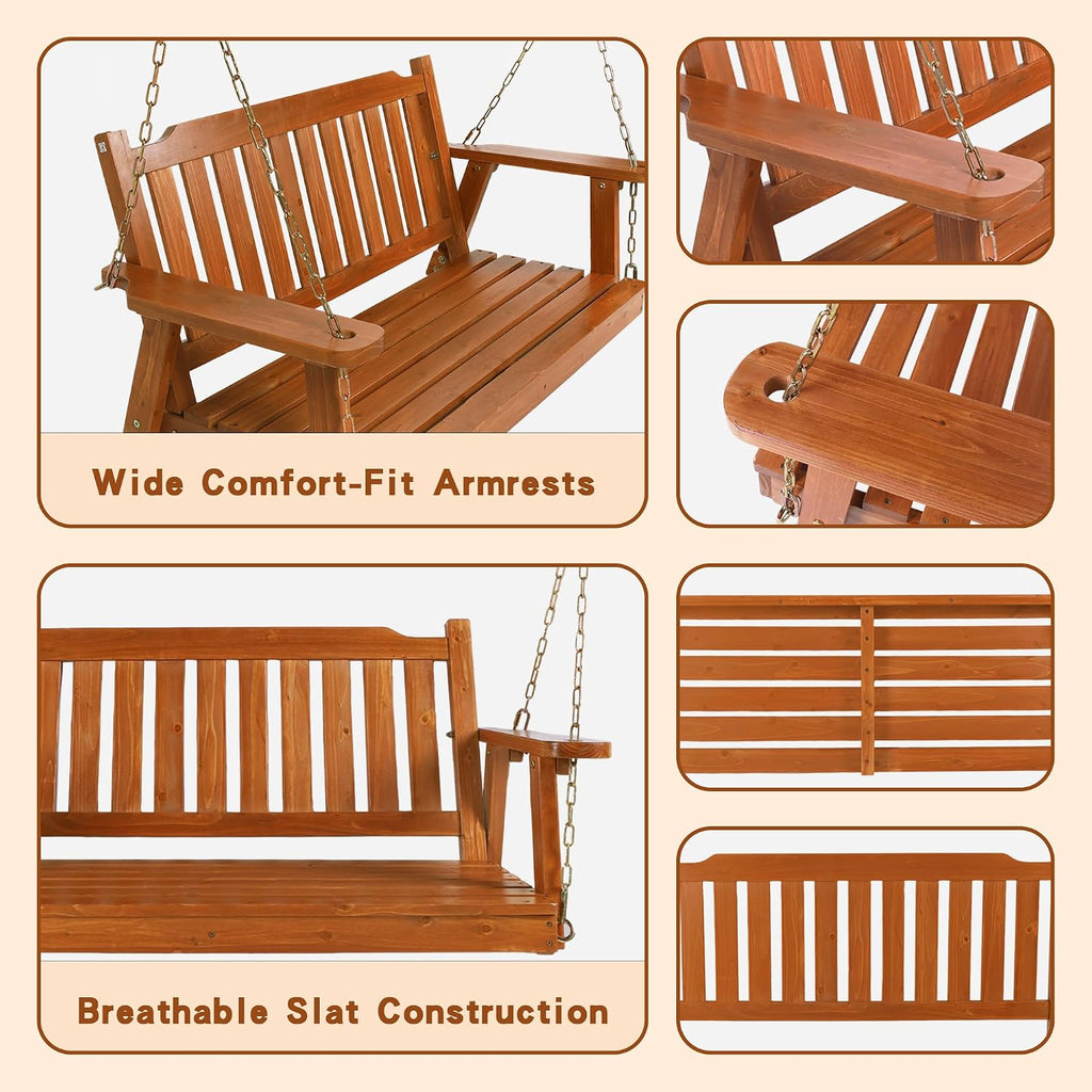 Anraja Wooden Porch Swing 2-Seater Bench Swing with Hanging Chains Heavy Duty 800 LBS for Outdoor Patio Garden Yard, Large 4 Ft, Brown
