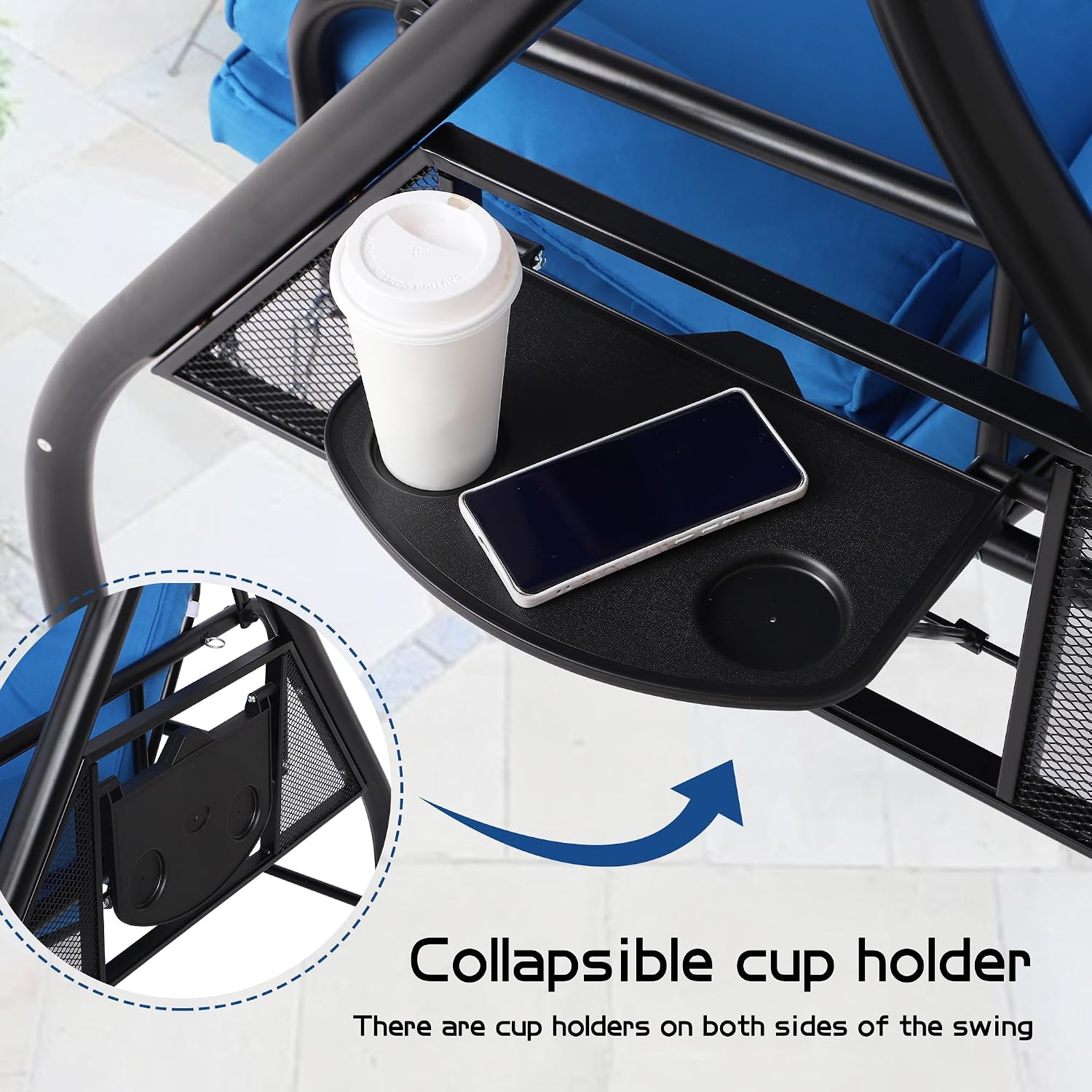 3 Seat Outdoor Porch Swings with Adjustable Canopy - Patio Porch Swing Glider Bench with Stand, Heavy Duty Swing Bed W/Cushions Pillows and Cup Holder for Backyard Garden Lawn Poolside (Blue)