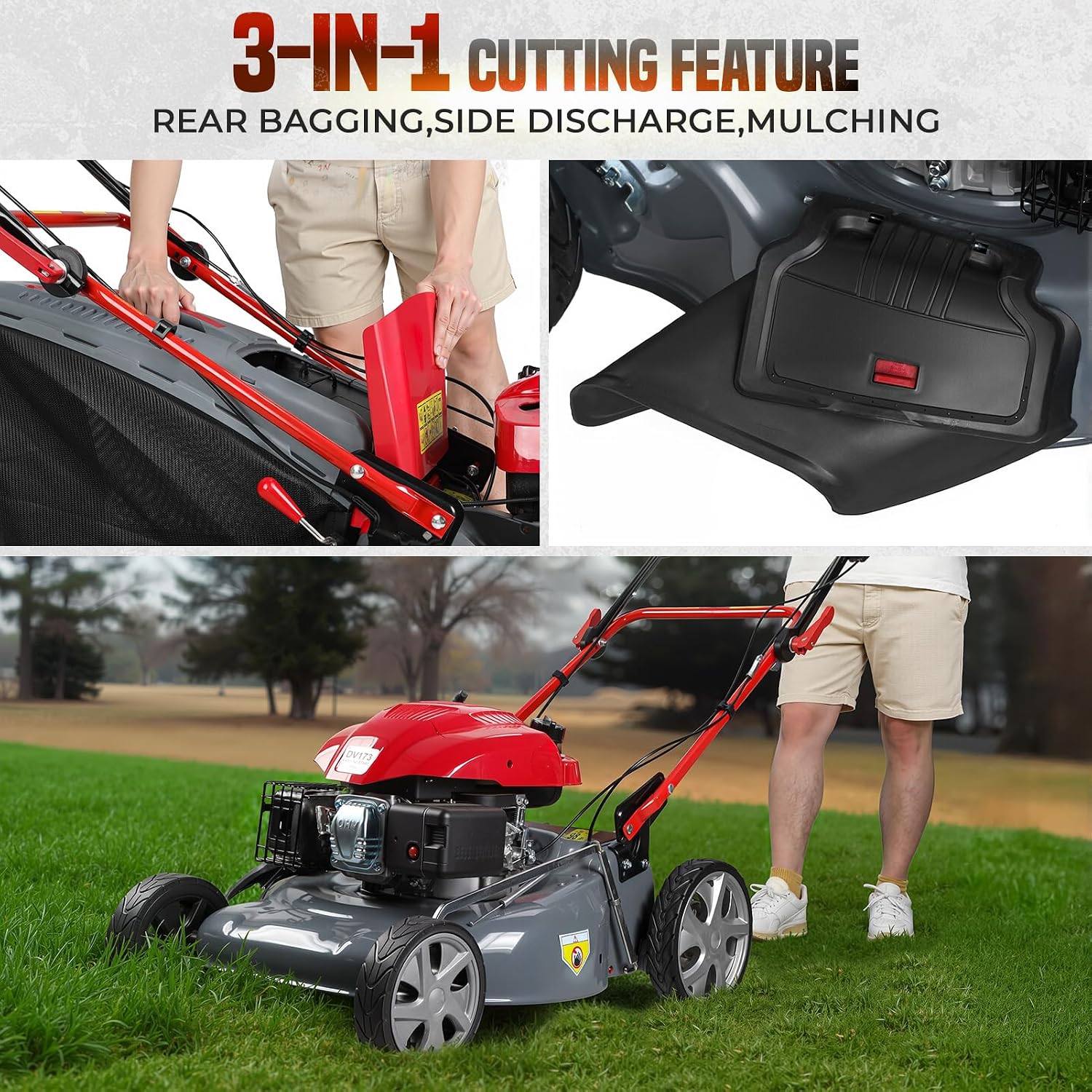 Lawn Mower Gas Powered, Gas Mower with 60l Grass Bag Big Wheels, 173cc Gas Engine 3 in 1 Mulching, Bagging & Side Discharge Self Propelled Walk-Behind Push Mower for Hills 2800RPM (Upgraded 02)
