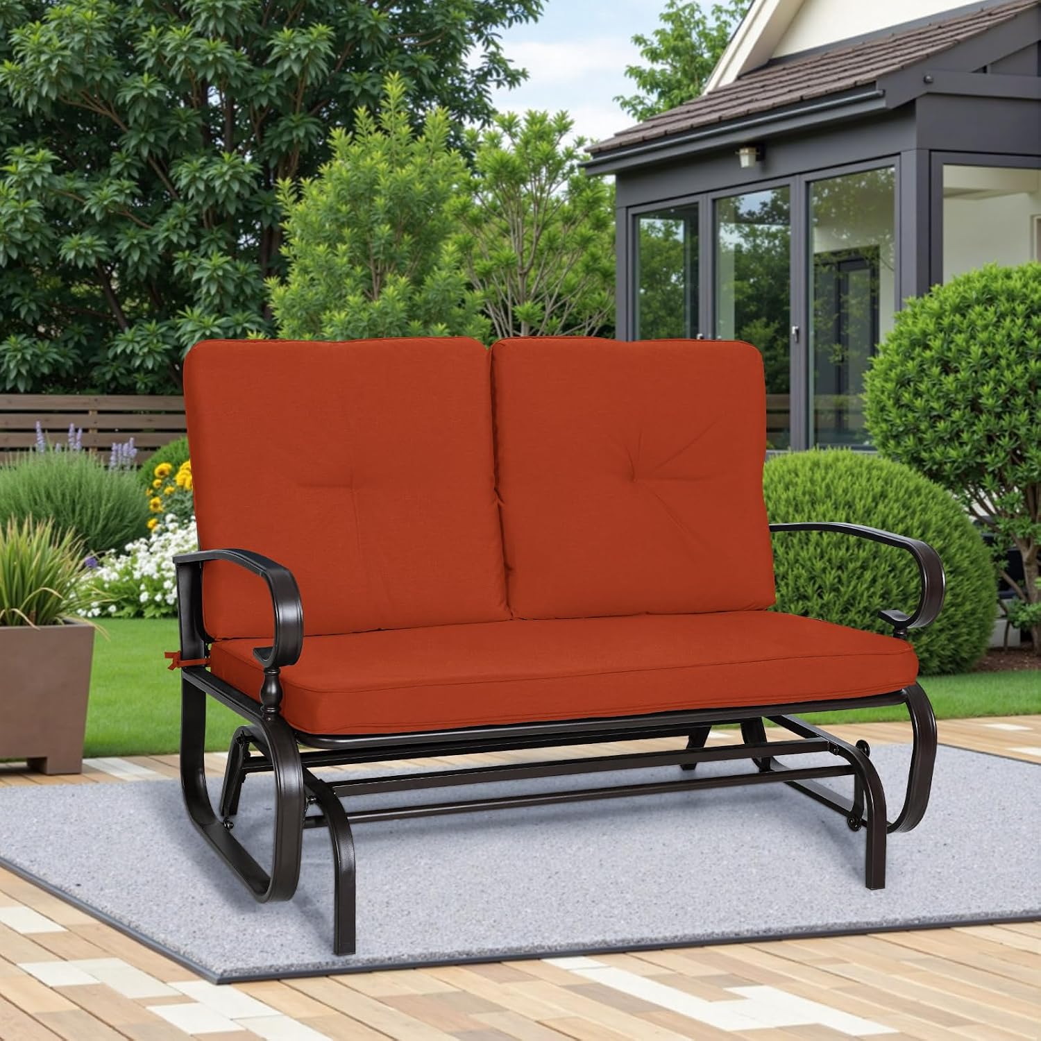 Incbruce Outdoor Glider Rocking Chair Patio Glider Bench for 2 Person, Porch Loveseat Seating Patio Steel Frame Chair Set with Cushion for Porch, Patio, Garden (Red)