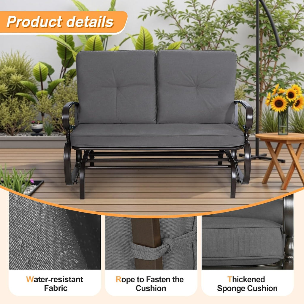 Incbruce Outdoor Textilene Glider Rocking Chair Patio Glider Bench for 2 Person, Porch Loveseat Seating Patio Steel Frame Chair Set with Cushion for Porch, Patio, Garden (Grey)