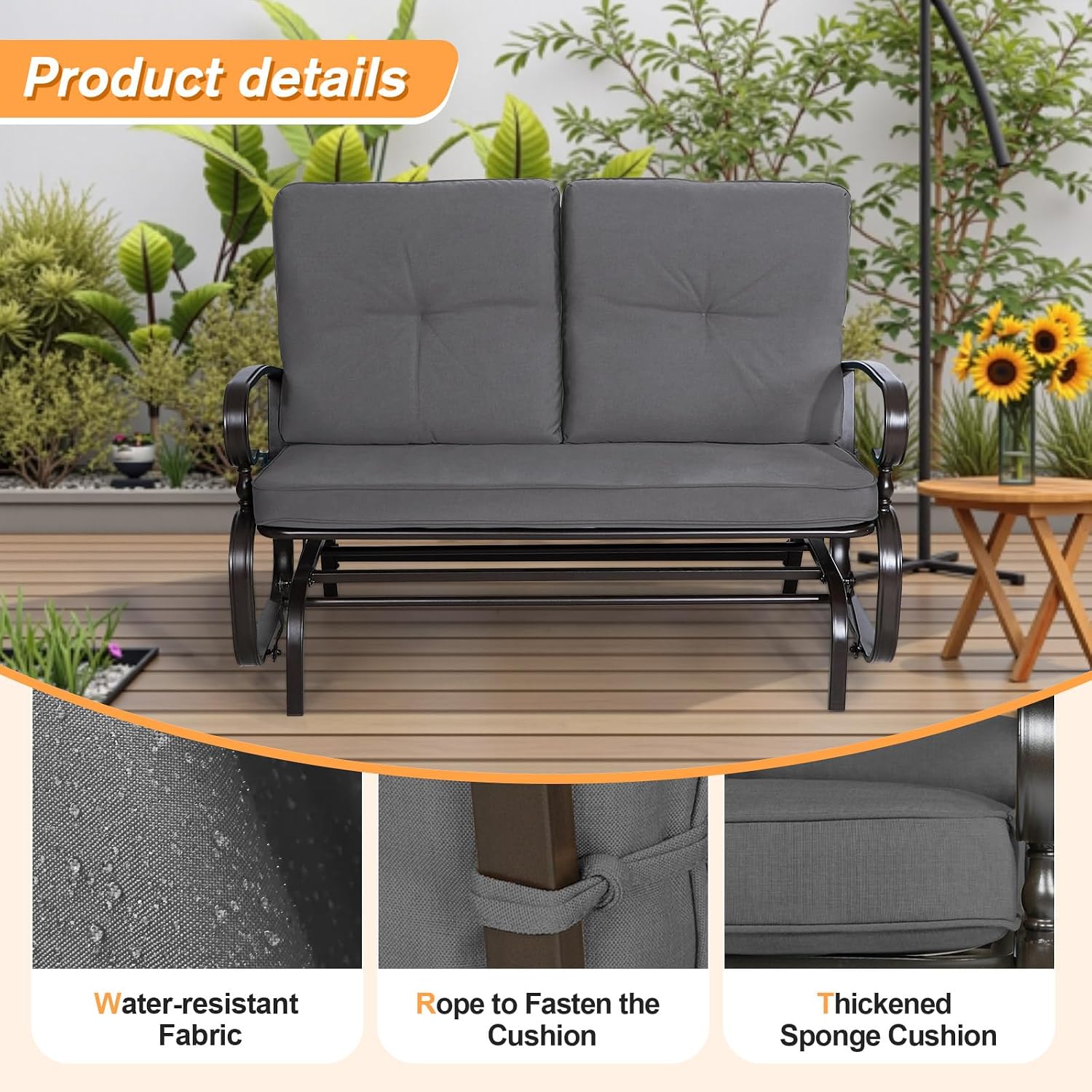 Incbruce Outdoor Textilene Glider Rocking Chair Patio Glider Bench for 2 Person, Porch Loveseat Seating Patio Steel Frame Chair Set with Cushion for Porch, Patio, Garden (Grey)