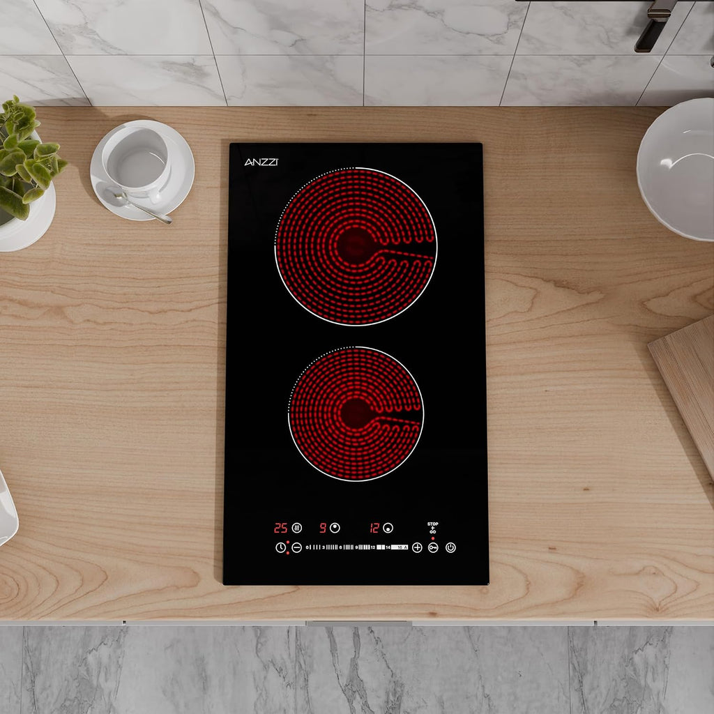 12-In. Electric Cooktop in Black Glass with Dual-Zone Control, Radiant Heating, and Ceramic Hobs for Precision Cooking