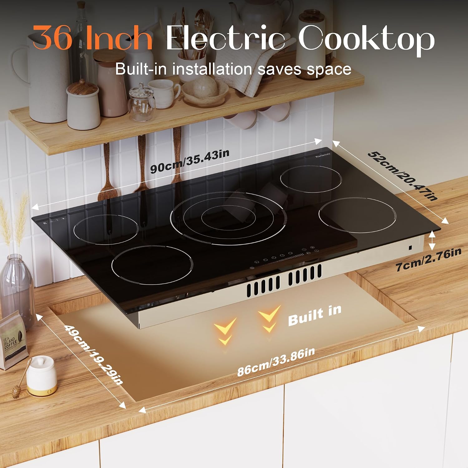36 Inch Electric Cooktop, 5 Burner Electric Cooktop Bulit in, 9200W, 9 Power Levels, Electrics Stove with Timer, Safety Lock, Pause, 220V-240V Hard Wire