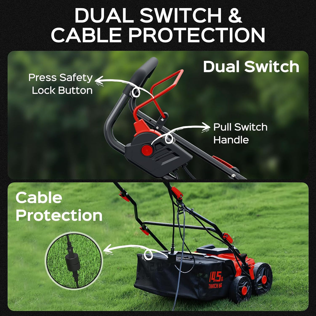 TIECTOWN 16-Inch 15.5 Amp 2-in-1 Electric Dethatcher and Scarifier with 14.5-Gallon Collection Bag, Lawn Dethatcher with 5-Position Depth Adjustment, Blade Replacement Without Tool - Red