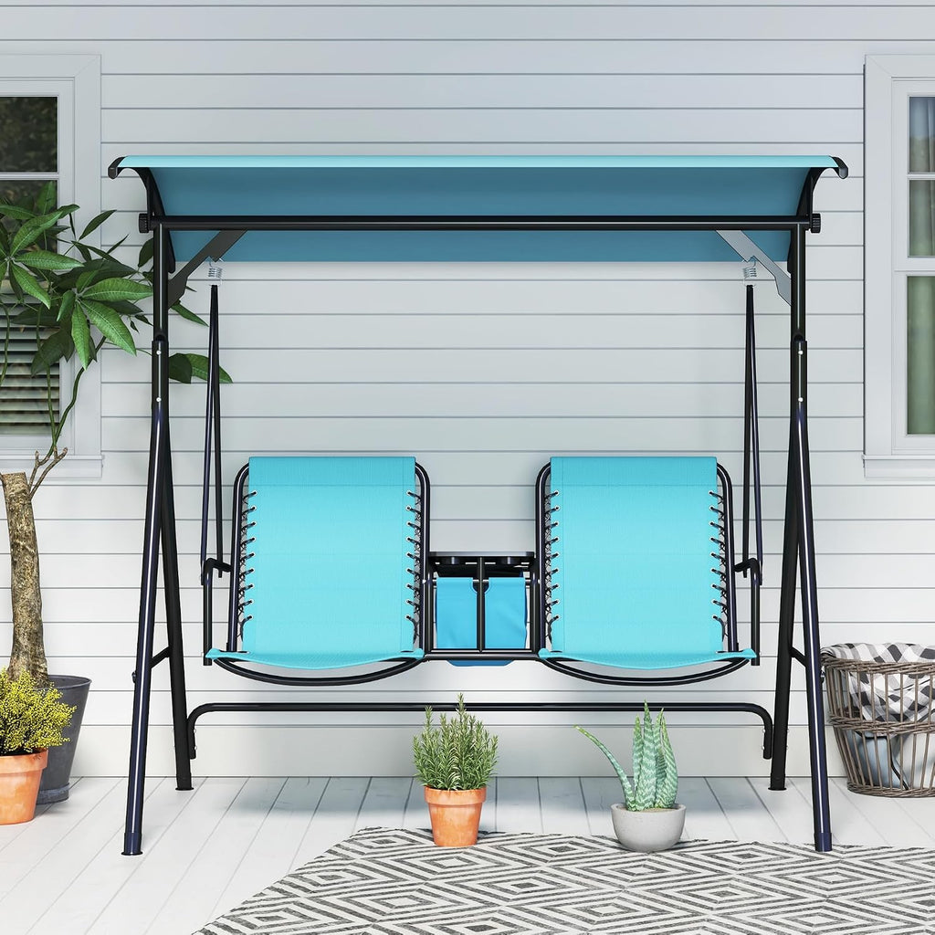 Outsunny 2-Seat Patio Swing Chair, Outdoor Canopy Swing Glider with Pivot Storage Table, Cup Holder, Adjustable Shade, Bungie Seat Suspension and Weather Resistant Steel Frame, Blue