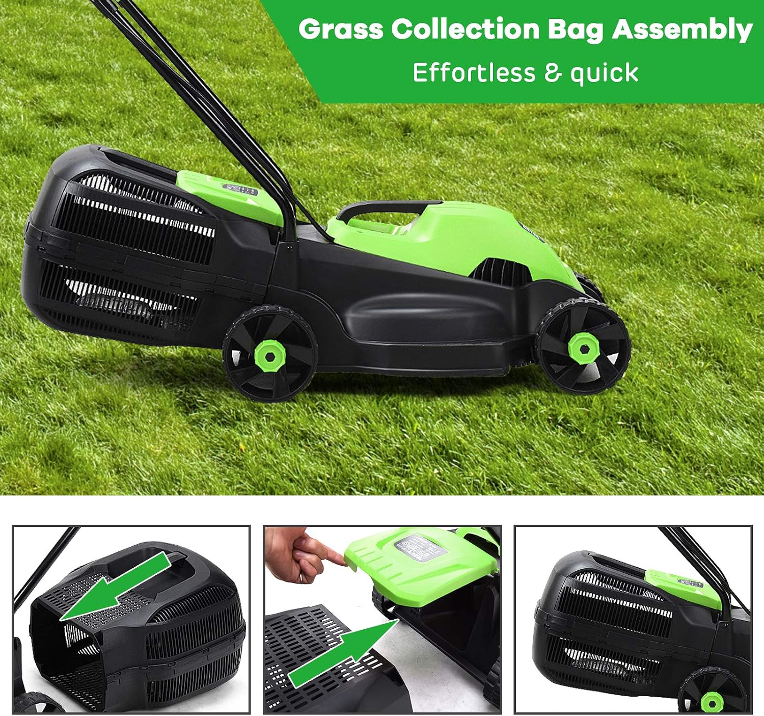 Happygrill Lawn Mower 13-Inch Electric Lawn Mower, Handle Push Corded Lawn Mowers with Grass Bag, Folding Handle, Adjustable Cutting Height for Garden Yard, 12 Amp,Green