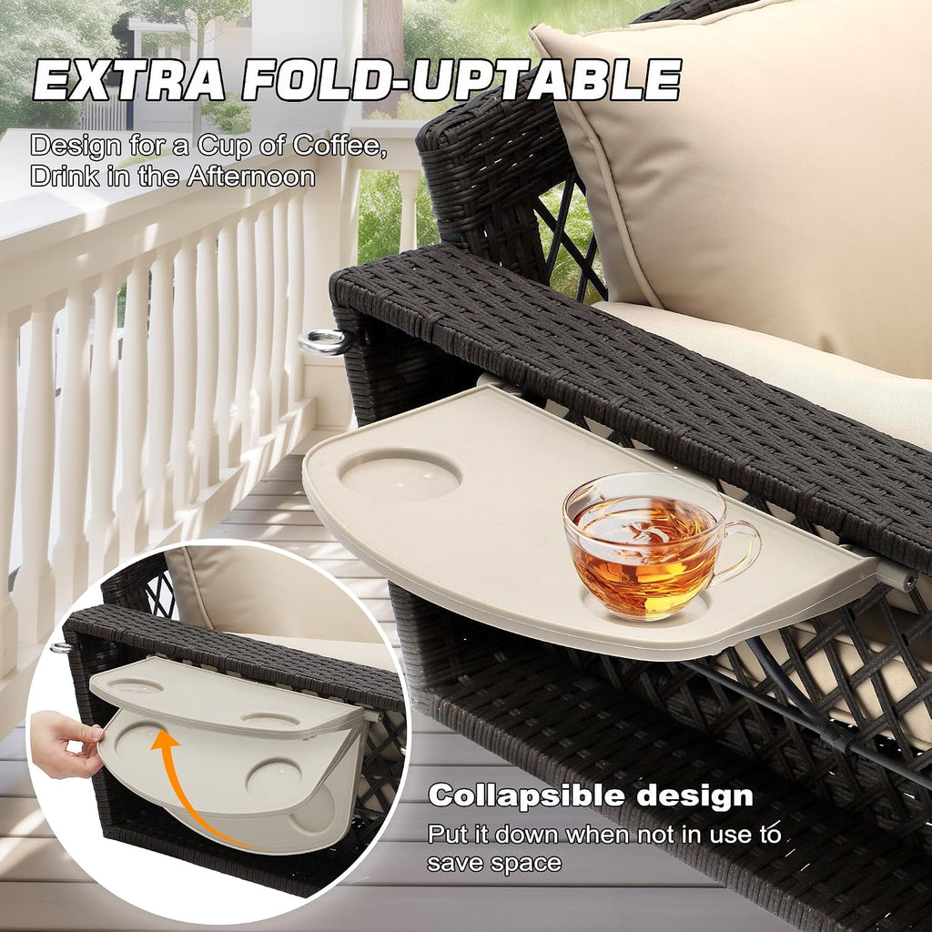 Grepatio 3 Person Porch Swing Patio Wicker Hanging Porch Swing Chair Outdoor Rattan Swing Bench with Cushion and Pillow for Garden, Yard, Lawn (Brown Rattan Khaki Cushion)