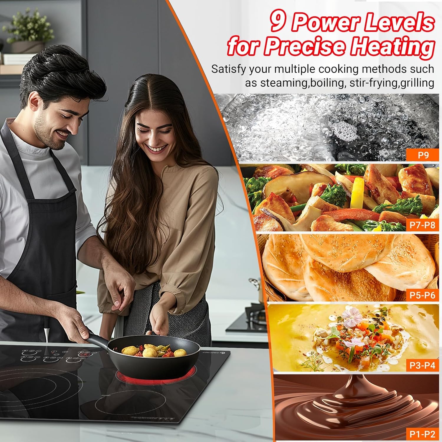 AMZCHEF Electric Cooktop 36 Inch,5 Burners Built-in Electric Stove Top,Max 9000W Ceramic Glass Countertop with Touch Control,9 Heating Level,Max 3000W Triple Zone,Safety Lock