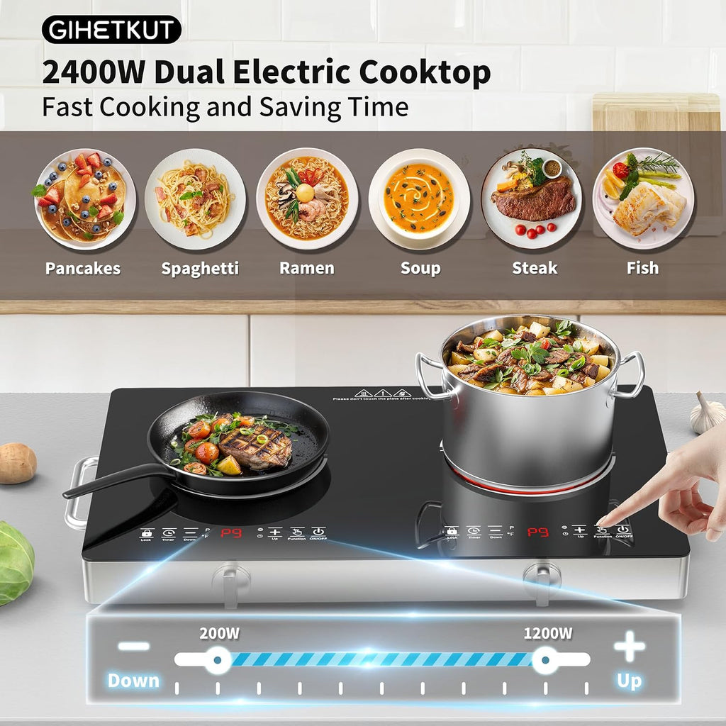 GIHETKUT Electric Cooktop,110V 2400W Stove top, Countertop Cooktop with 9 Power Levels, LED Display,Child Safety Lock, Timer,Knob and Touch Control 2 burner Electric cooktop