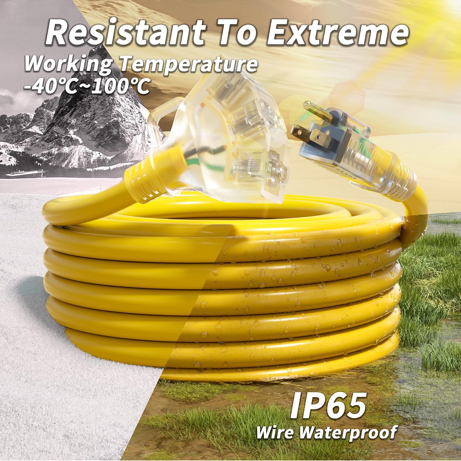 PlugSaf 100 FT 10 Gauge Outdoor Extension Cord with Multiple Outlets Light Indicator, Flexible 3 Outlet Weatherproof Heavy Duty Extension Cord Waterproof Yellow, 15A 1875W 10AWG SJTW, ETL Listed
