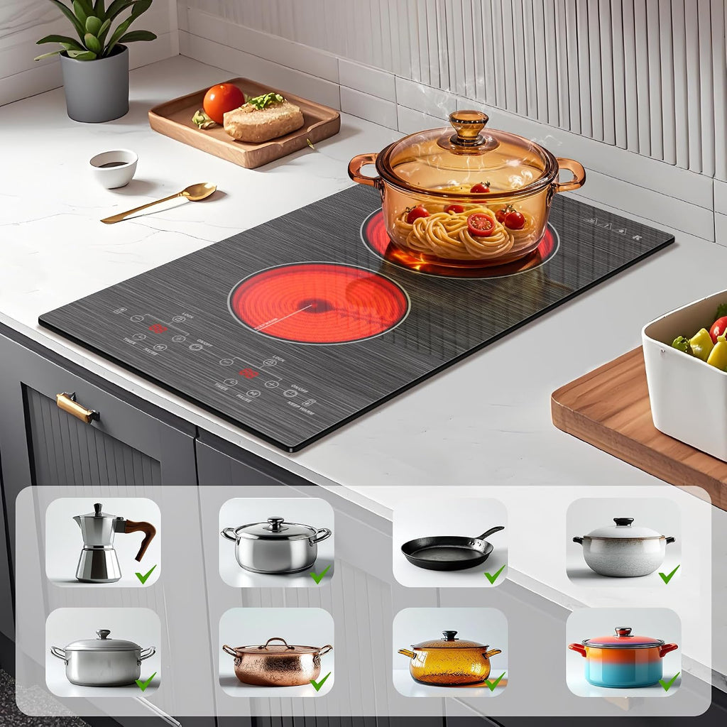 Karinear 2 Burner Electric Cooktop 110V, 12 Inch Countertop & Built-in Electric Stove Top, Plug-in Ceramic Cooktop with Child Safety Lock, Timer, Pause, Smooth Glass Surface with Beautiful Pattern(A)