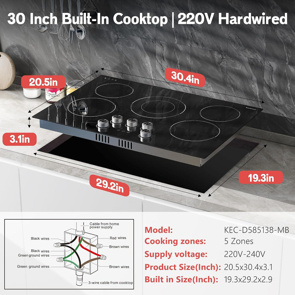 30 Inch Electric Cooktop Karienvir, 5 Burner Cooktop 8500W Built-in Electric Stove Top, Anti-slip Knob & Touch Control, Dual-Ring Burner, 30' Safety Lock, Timer, 220V Hardwired