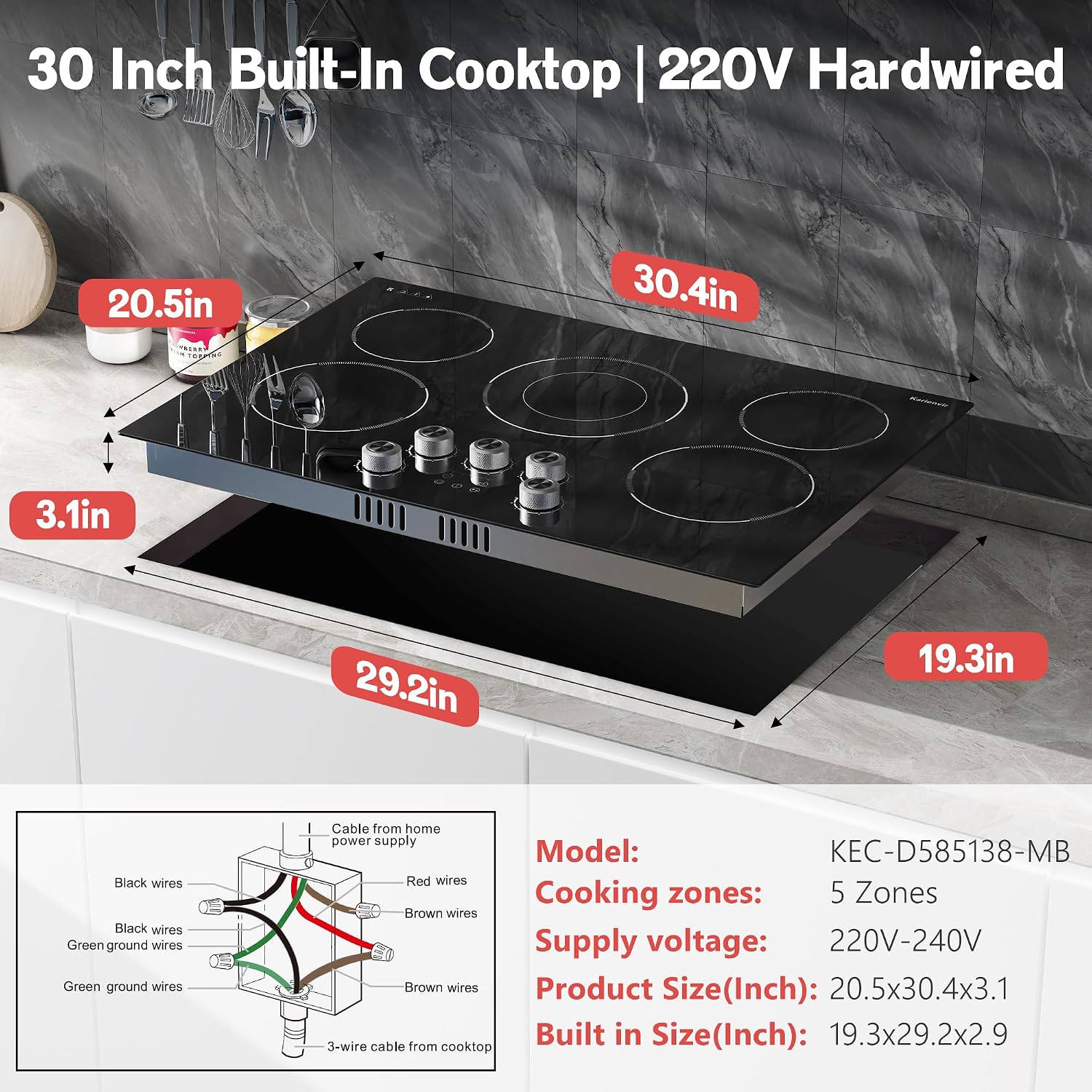 30 Inch Electric Cooktop Karienvir, 5 Burner Cooktop 8500W Built-in Electric Stove Top, Anti-slip Knob & Touch Control, Dual-Ring Burner, 30' Safety Lock, Timer, 220V Hardwired