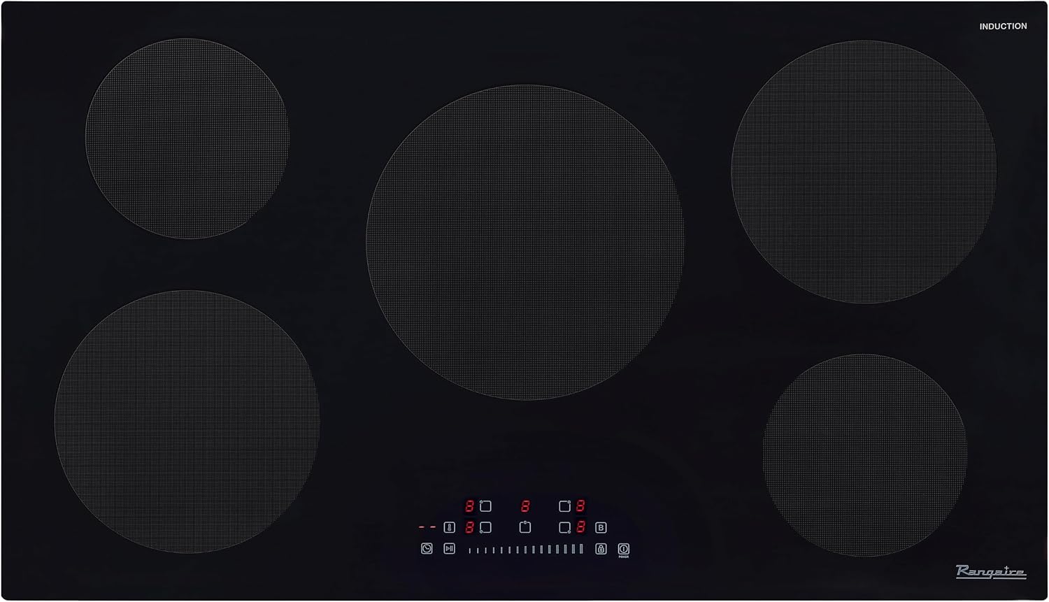 Rangaire RCI361S 36' Induction Cooktop, 10900W, 5 Burners, Built-in Stove Top, Booster & Timer, 9 Power Levels, Slide Touch Control, Child Safety Lock, 240V Hard Wire, Ceramic Surface