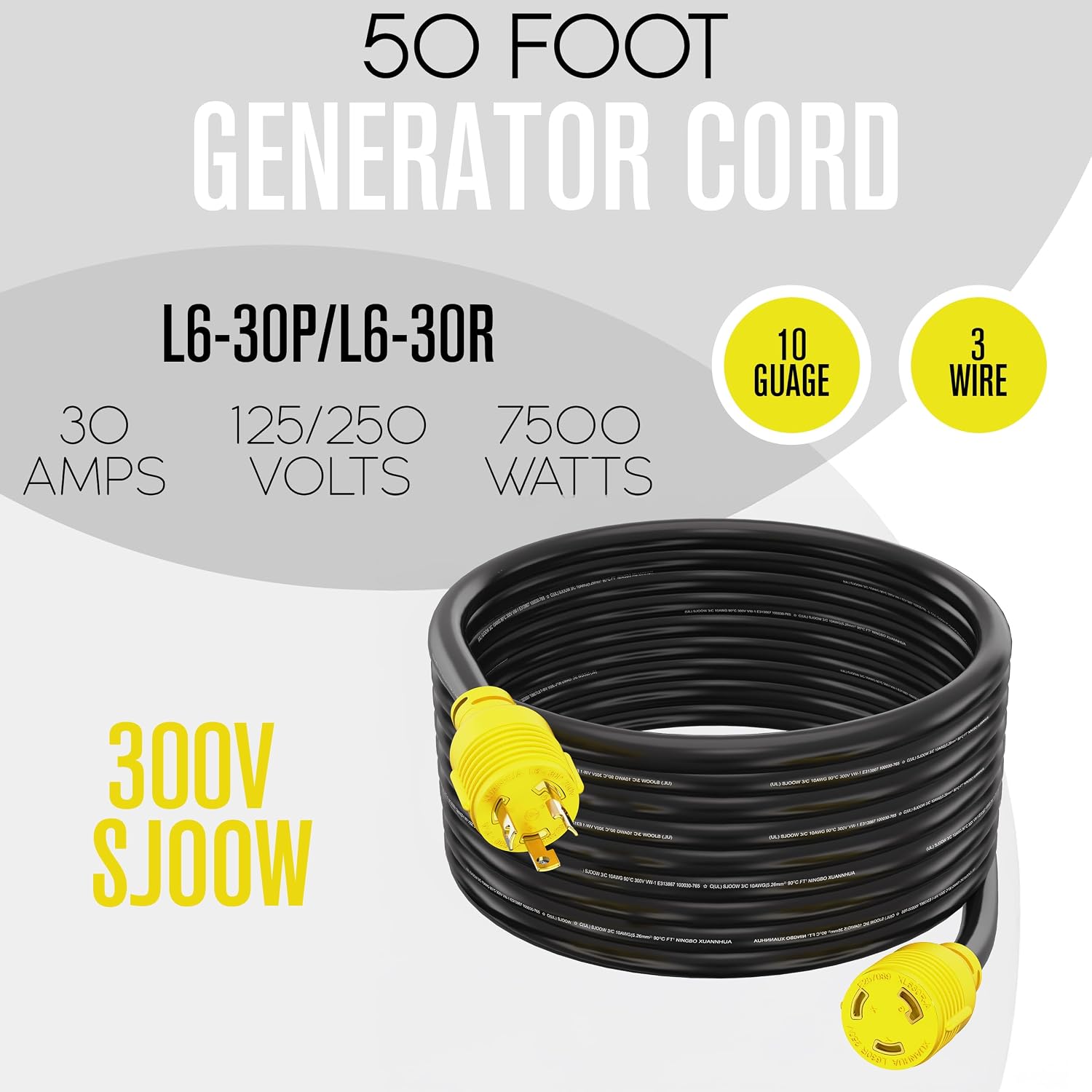 Houseables 30 Amp Generator Cord, L6-30 Extension Cord, L6-30R, L6-30P, 50 Feet, Generator Cable, 3 Prong, 250V Extension, 30amp, NEMA, Twist Lock, RV, Heavy Duty, 10 Gauge, 250 Volt, UL & ETL Listed
