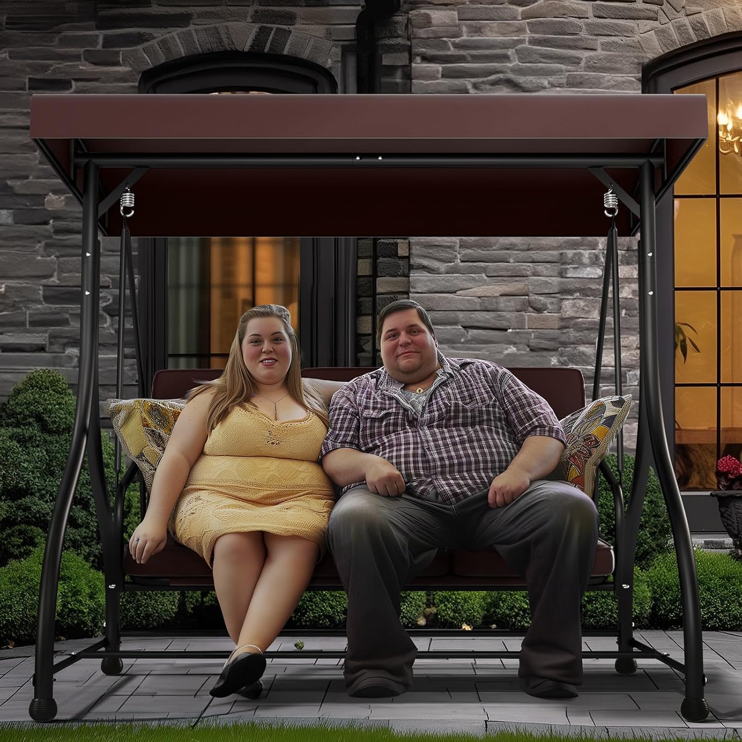 3 Seat Outdoor Porch Swing with Stand, 760 lbs Capacity Heavy Duty Patio Glider Swings for Adults, Convertible 2 in 1 Patio Swings Bed with Adjustable Canopy & Thick Cushions for Garden Yard