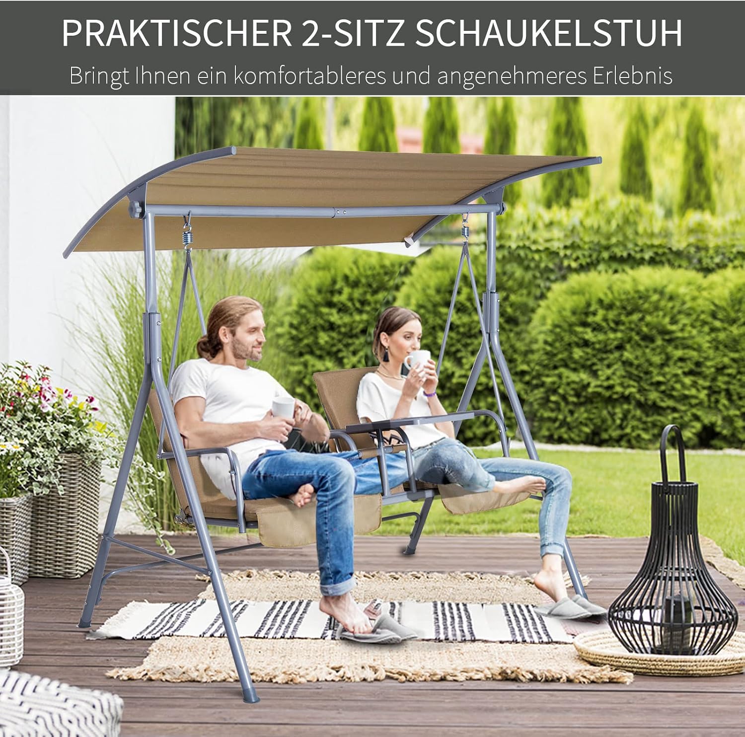 Outsunny 2 Person Porch Swing with Stand, Outdoor Swing with Canopy, Pivot Storage Table, 2 Cup Holders, Cushions for Patio, Backyard, Beige