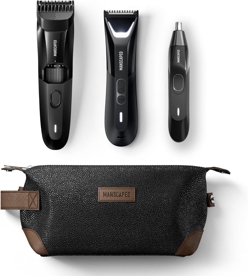 MANSCAPED® Body, Beard & Face Bundle 5.0 - The Lawn Mower® 5.0 Ultra Groin & Body Hair Groomer, The Beard Hedger® Premium Trimmer, Weed Whacker® 2.0 Nose & Ear Hair Razor, The Shed Toiletry Bag