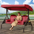 3 in 1 Outdoor Porch Swing with Adjustable Canopy, 3 Seat Outdoor Swing for Adults, Patio Swing Chair with Thickened Cushions,Pillows & Cup Holders for Backyard, Porch, Garden (Wine Red)