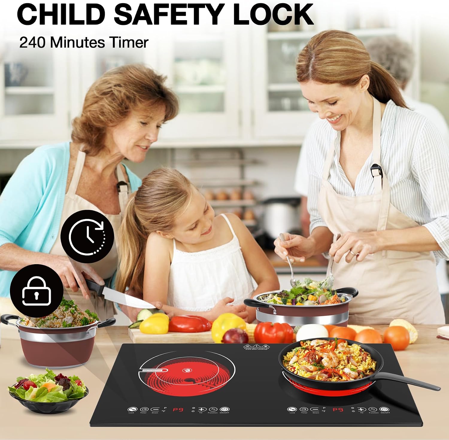 VBGK 2 Burner Electric Cooktop,110V 2400W Electric Stove Top with Touch Control,9 Heating Level,Timer & Kid Safety 2 burner cooktop.