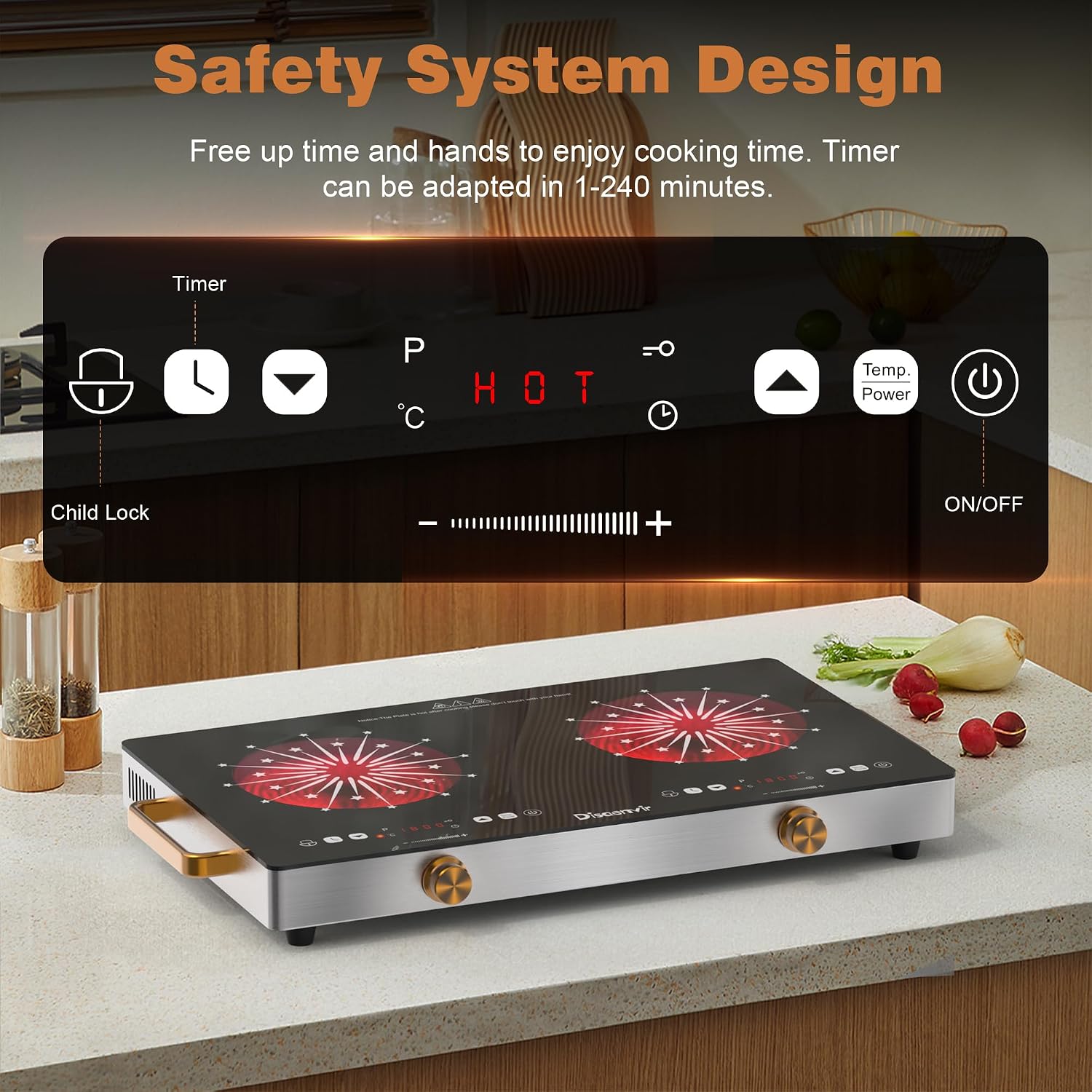 2 Burner Electric Cooktop 110V - 24 Inch(22.2'x 13.07') Countertop Electric Stove with Handles 2000W, Two Burner Ceramic Burner with Touch and Knob Control, Timer, Safety Lock, 120V Plug in