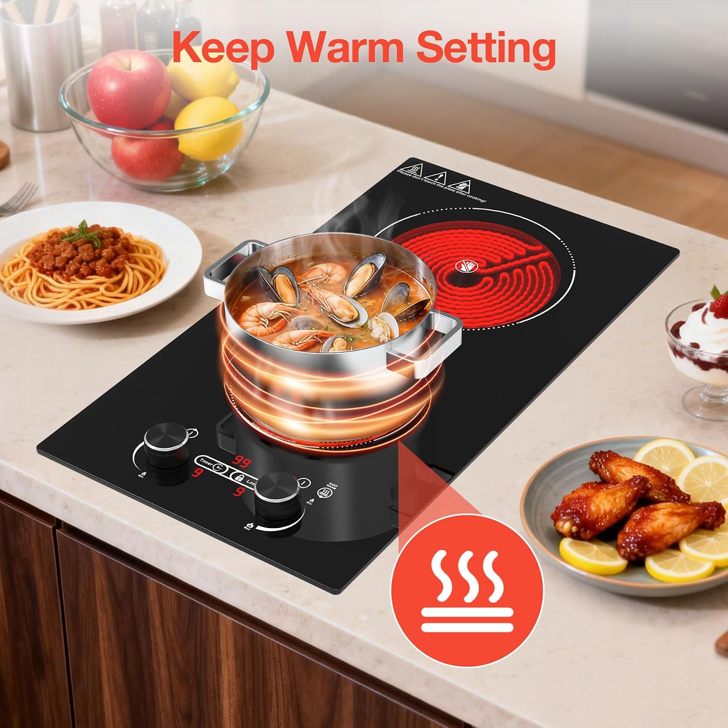 2 Burner Electric Cooktop, 12 Inch Built-in Ceramic Cooktop, 2100W Plug in Electric Stove Top with Knob Control, Keep Warm, 9 Heating Levels, Timer & Child Safety Lock, Over-Temperature Protection